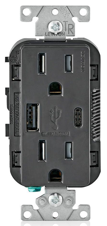 LEVITON DECORA RECEP DUPLEX TR C/USB 15AMP 125V NEGRO
