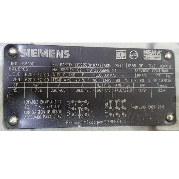 SIEMENS MOTOR TRIFASICO 1HP 2P PB/C ARMAZON 56 P/BOMBA