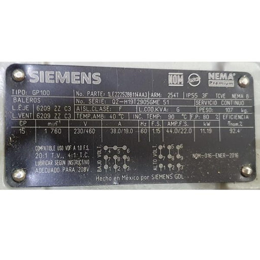 SIEMENS MOTOR TRIFASICO 1HP 2P PB/C ARMAZON 56 P/BOMBA