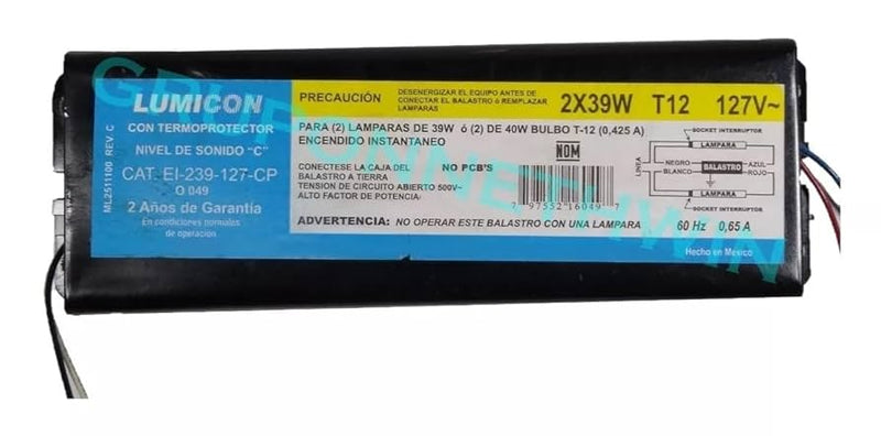 BAL2X32SB BALASTRA FLUORES 2X39W 127V LUMICON