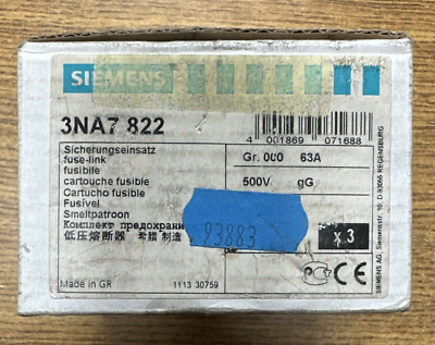 SIEMENS FUSIBLE NH000 63A gG 500VAC 3NA7822