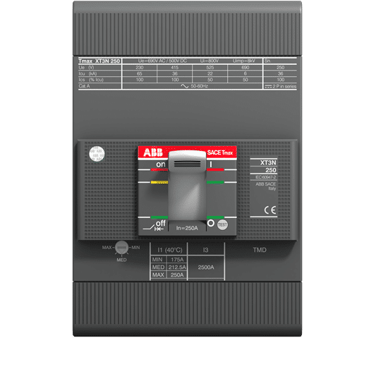 ABB INTERRUPTOR TMAX XT3N DE 250 AMP. 3 POLOS SIN TERMINALES PARA CABLE RELEVADOR TMD