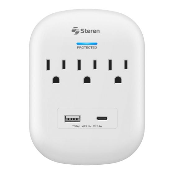STEREN MULTICONTACTO DE PARED C/SUPRESOR 170J 3 SALIDAS USB/USB C
