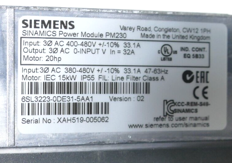 SIEMENS SINAMICS PM230 20HP 380-480VAC
