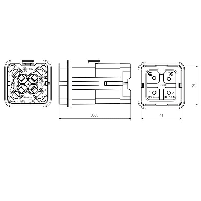 WEIDMULLER CONECTOR MACHO 3POLOS + TIERRA HDC HA 3 MS