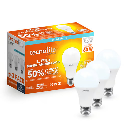 TECNOLITE KIT C/3 FOCO A19 LED 8.5W 100-240V 6500K E27 800LM EMPAQUE 3