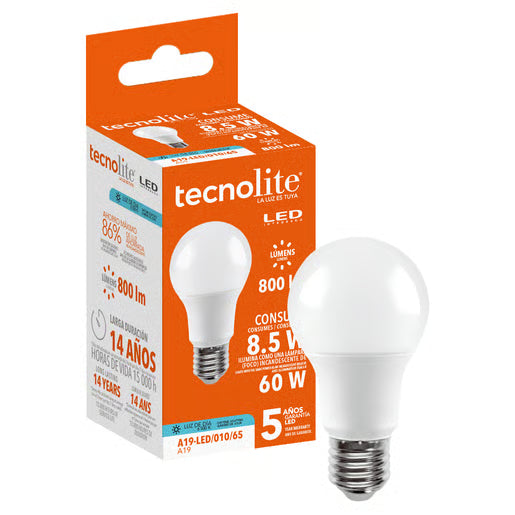 TECNOLITE FOCO A19 LED 8.5W100-240V6500KE27800LM HIDRUS I A19-LED/010/65