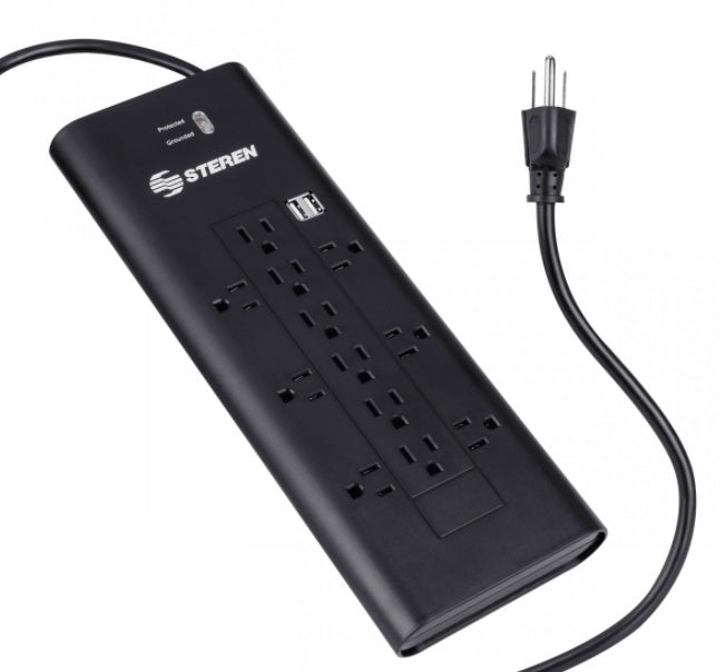 STEREN TIRA DE 12 CONTACTOS CON CARGADOR USB Y SUPRESOR DE PICOS