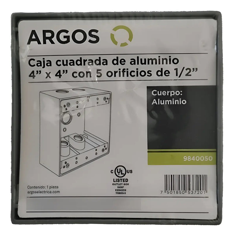 ARGOS CAJA CUADRADA DE ALUMINIO CON 5 ORIFICIOS DE 1/2
