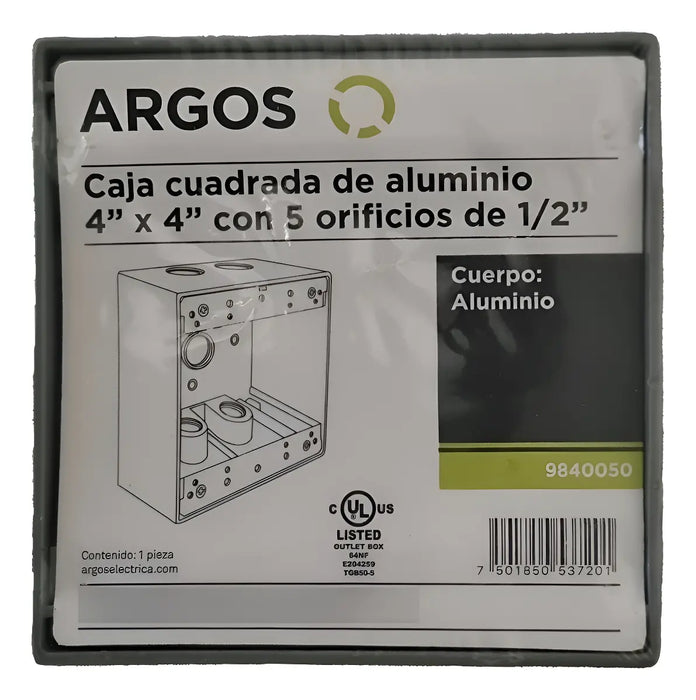 ARGOS CAJA CUADRADA DE ALUMINIO CON 5 ORIFICIOS DE 1/2