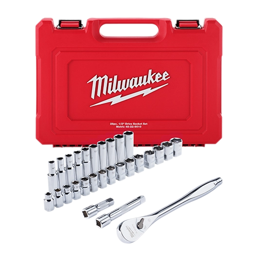 MILWAUKEE JUEGO DE 28 PC CARRACA Y VASOS METRICOS DE 1/2