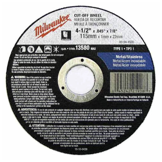 MILWAUKEE DISCO P/CORTE METAL 4-1/2"X.045 ORIFICIO FLECHA 7/8"