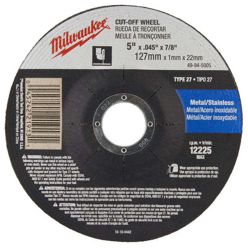 MILWAUKEE DISCO P/CORTE METAL 5"X.045 ORIFICIO FLECHA 7/8"