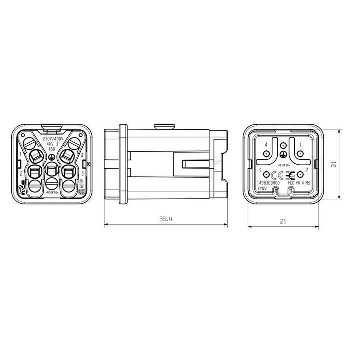 WEIDMULLER CONECTOR MACHO 4POLOS + TIERRA HDC HA 4 MS