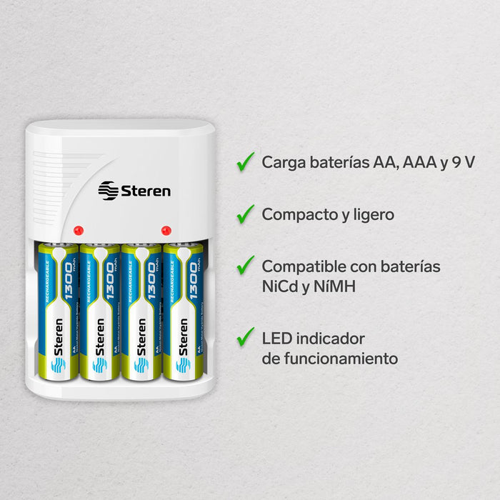 STEREN CARGADOR DE BATERIAS AA/AAA/9V C/4 PILAS