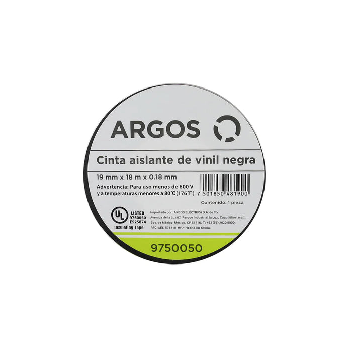 ARGOS CINTA AISLANTE DE VINIL 19mmX18m NEGRA