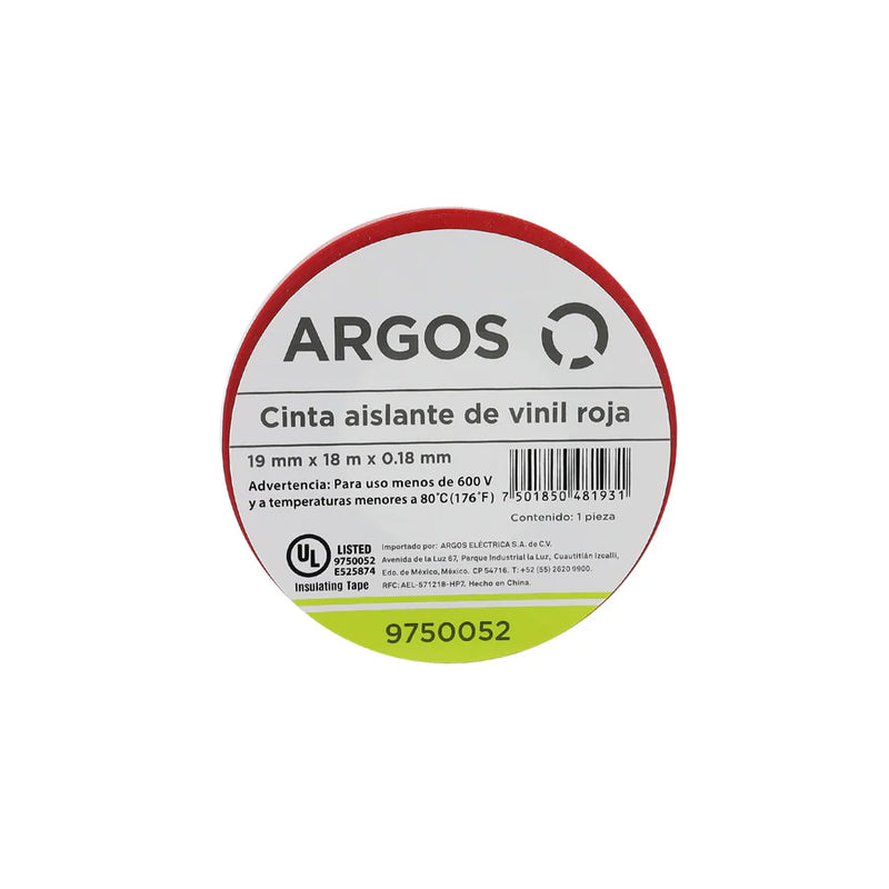 ARGOS CINTA AISLANTE DE VINIL 19mmX18m ROJO