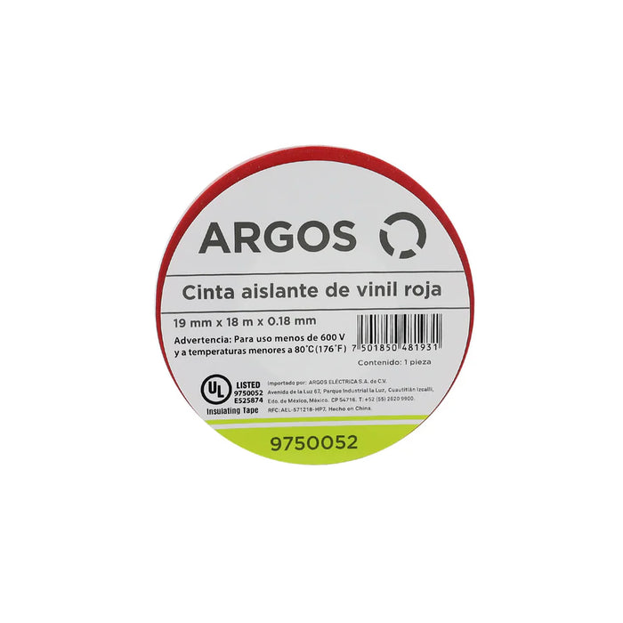 ARGOS CINTA AISLANTE DE VINIL 19mmX18m ROJO