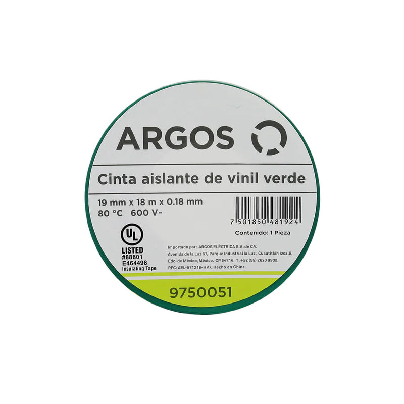 ARGOS CINTA AISLANTE DE VINIL 19mmX18m VERDE
