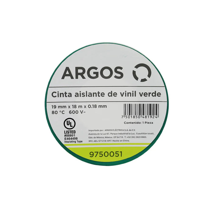 ARGOS CINTA AISLANTE DE VINIL 19mmX18m VERDE