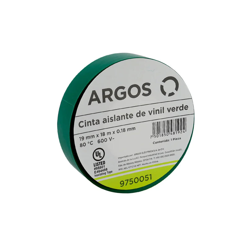 ARGOS CINTA AISLANTE DE VINIL 19mmX18m VERDE