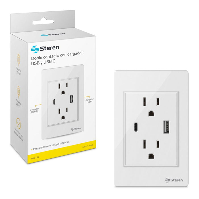 STEREN CONCATO DUPLEX Y CARGADOR USB/USB C C/PLACA