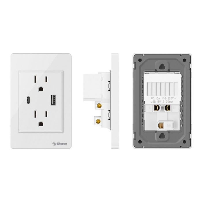 STEREN CONCATO DUPLEX Y CARGADOR USB/USB C C/PLACA