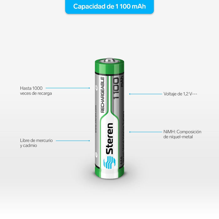 Steren Pila Recargable Niquel Aaa 1100Mah SKU: BAT-NM-AAA-1100