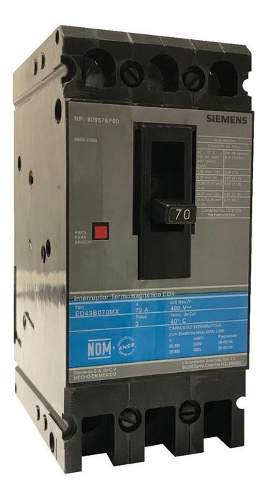 Siemens Interruptor Termomagnetico Ed6 600V 3X70A SKU: ED63B070MX