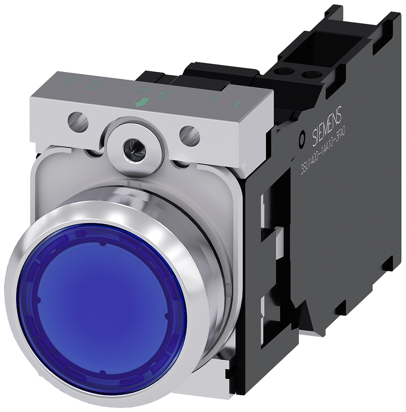 SIEMENS BOTON ILUM AZUL 1NA+1NC+LED 24V DC/AC RESORTE -COMP METAL