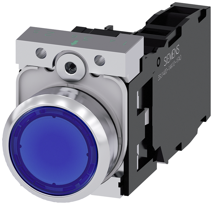 SIEMENS PULADOR LUMINOSO AZUL 24VDC 1NA+1NC COMP METAL