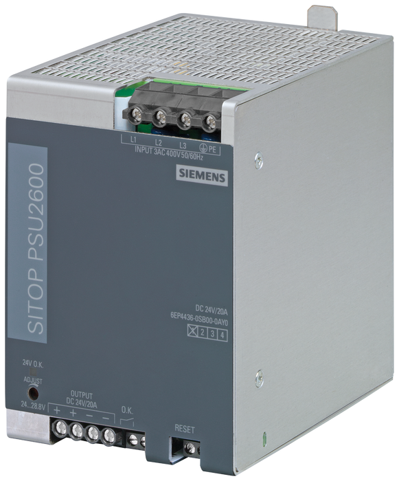 SIEMENS SIMATIC SITOP PSU2600 24 V/20 A STABILIZED POWER SUPPLY INPUT: 3 AC 400-500 V OUTPUT: 24 V DC/20 A