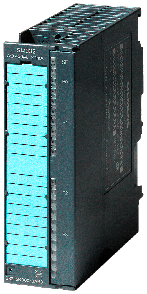 SIEMENS SIMATIC S7 ANALOG OUTPUT SM 332 OPTICALLY ISOLATED 4 AO 0/4 UP TO 20 MA 20 PIN FOR SIGNALS FROM HAZARDOUSAREAS CAPABLE OF DIANOST. PTB-TESTED