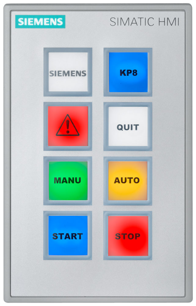 SIEMENS SIMATIC HMI KP8F PN KEY PANEL 8 SHORT-STROKE SWITCHES WITH MULTI-COLORED LEDS PROFINET INTERFACES WITH PROFISAFE 8 DI/DO AND 2 SAFETY DI PINS 24 V DC CAN BE LOOPED THROUGH PARAMETERIZABLE AS O