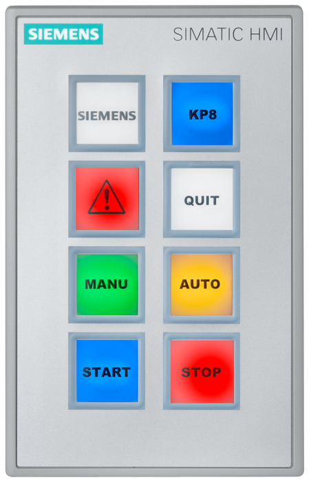 SIEMENS SIMATIC HMI KP8F PN KEY PANEL 8 SHORT-STROKE SWITCHES WITH MULTI-COLORED LEDS PROFINET INTERFACES WITH PROFISAFE 8 DI/DO AND 2 SAFETY DI PINS 24 V DC CAN BE LOOPED THROUGH PARAMETERIZABLE AS O