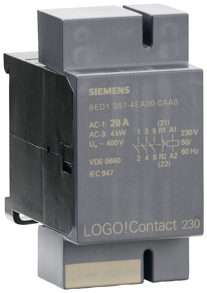 SIEMENS LOGO! CONTACT 230 SWITCHING MODULE FOR DIRECT SWITCHING OF RESISTIVE LOADS UP TO 20 A AND MOTORS UP TO 4 KW 230 V AC 3 NO CONTACTS+1 NC EAN: 4025515050759