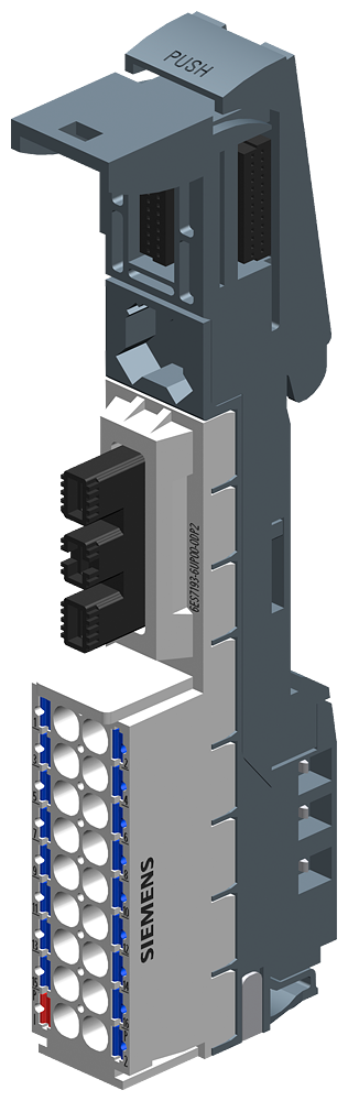 SIEMENS ET 200SP POTENTIAL DISTRIBUTOR MODULE POTDIS-BASEUNIT POTDIS-BU TYP P2 LIGHT-COLORED 1 X P1-POTENTIAL 17 X P2-POTENTIAL PUSH-IN TERMINALS P1- P2- AND AUX-RAIL DICONNECTED FROM LEFT BU