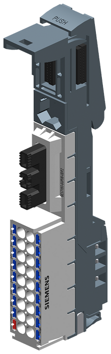 SIEMENS ET 200SP POTENTIAL DISTRIBUTOR MODULE POTDIS-BASEUNIT POTDIS-BU TYP P2 LIGHT-COLORED 1 X P1-POTENTIAL 17 X P2-POTENTIAL PUSH-IN TERMINALS P1- P2- AND AUX-RAIL DICONNECTED FROM LEFT BU